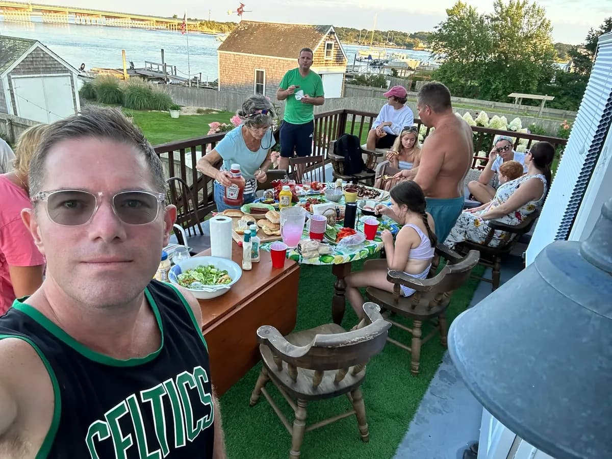 Lobster dinner on the deck overlooking Westport Harbor